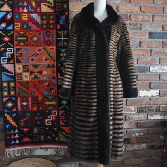 Brown Blonde Horizontal Stripe Mink Fur Full Length Long Coat Jacket, Sable Trim - Picture 7 of 13